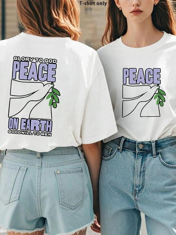 Women's Peace on Earth Print Round Neck Tee, Trendy Casual Short Sleeve T-shirt for Daily Wear, Ladies Summer, Top...