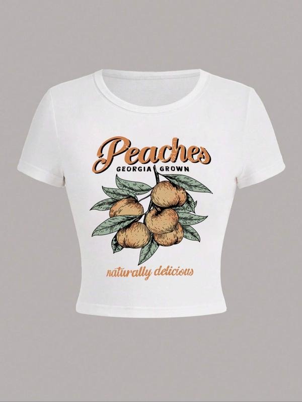 Women's Peach Print Round Neck Graphic Tee, Vintage Trendy Casual Letter Graphic Short Sleeve T-shirt For Daily Wear,...