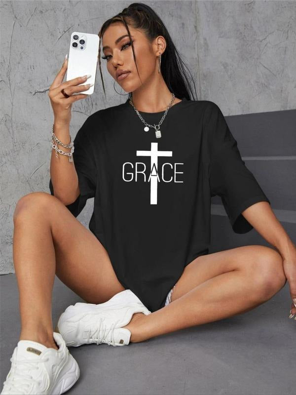 Women's Personalized Letter Print Round Neck Tee, Casual Short Sleeve Crew Neck T-Shirt for Summer, Women's Top for Daily...