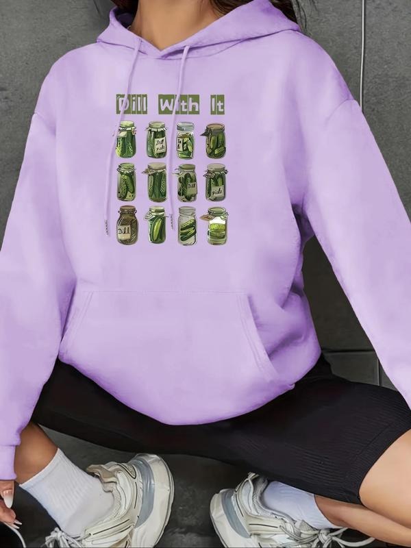 Women's Pickle Jar & Letter Print Drop Shoulder Hoodie, Fashion Casual Drawstring Pocket Hooded Sweatshirt for Daily...