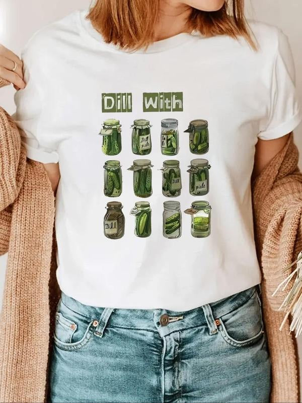 Women's Pickle Jar Print Round Neck Graphic Tee, Vintage Trendy Casual Short Sleeve T-shirt for Daily Wear, Ladies Outfit...