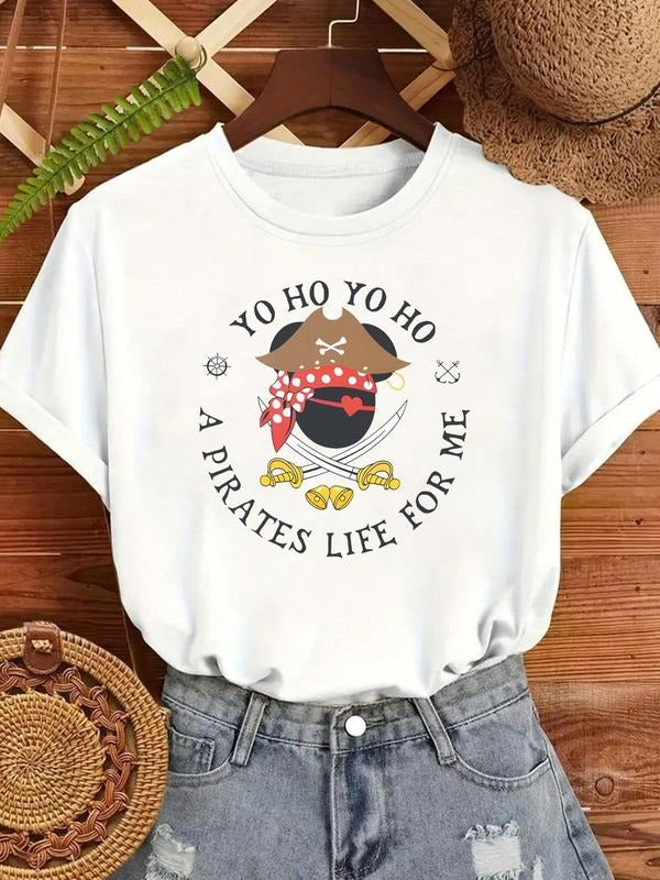 Women's Pirate Print Round Neck Tee, Vintage Trendy Casual Short Sleeve T-shirt for Daily Wear, Ladies Summer, Top...