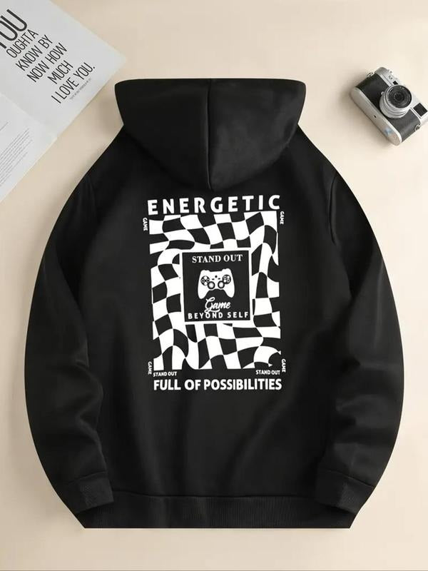 Women's Plaid & Letter Print Drop Shoulder Hoodie, Fashion Casual Drawstring Pocket Hooded Sweatshirt for Daily Holiday...