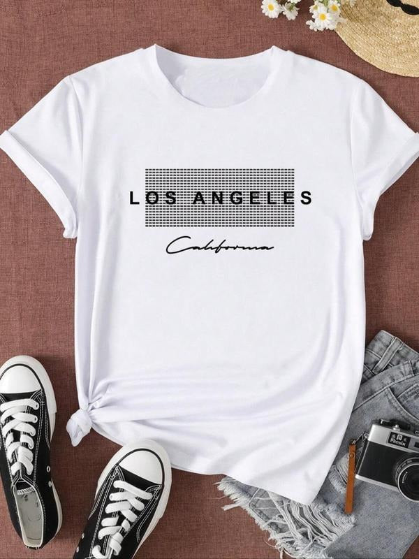 Women's Plaid & Letter Print Round Neck Tee, Trendy Casual Short Sleeve T-shirt for Daily Wear, Ladies Summer Outfit...