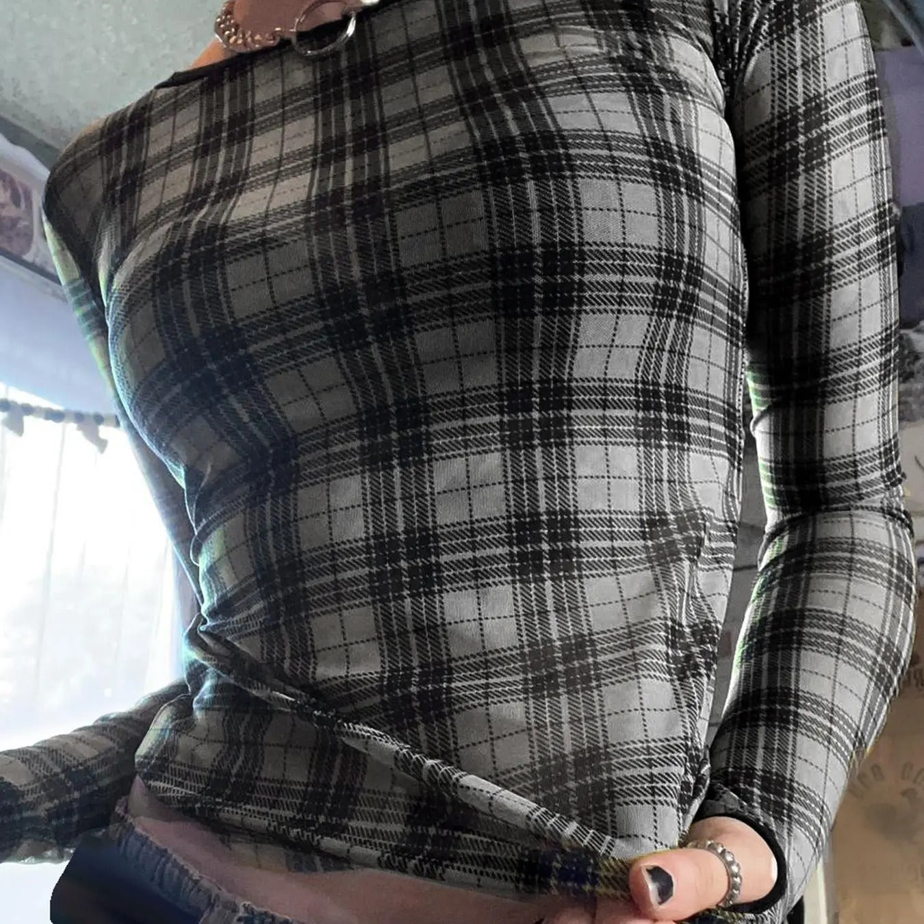 Women's Plaid Print Sheer Tulle Tee, Casual Long Sleeve Round Neck T-shirt for Daily Wear, Ladies Clothes for All Seasons...
