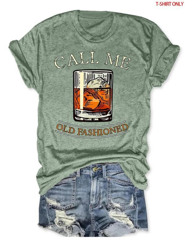 Women's Plain Whiskey Glass & Letter Print Round Neck Tee, Vintage Trendy Casual Short Sleeve T-shirt for Daily Wear,...