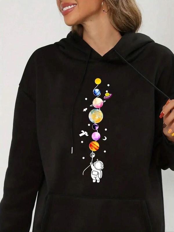 Women's Planet & Astronaut Print Drop Shoulder Hoodie, Fashion Casual Drawstring Pocket Hooded Sweatshirt for Daily...