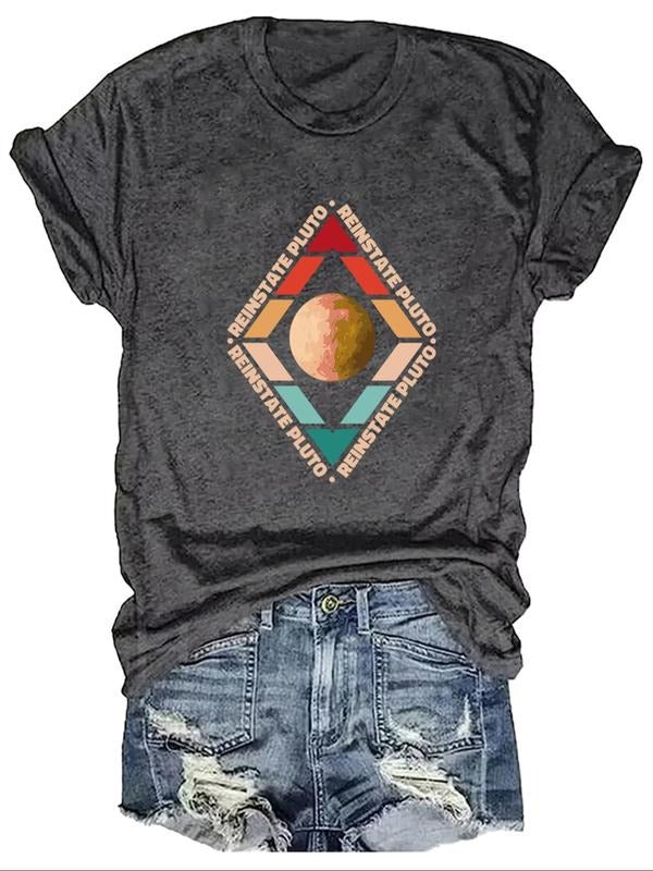 Women's Planet & Letter Print Round Neck Tee, Casual Short Sleeve T-shirt for Summer, Fashion Women's Top for Daily Wear...