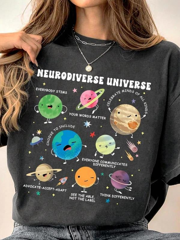 Women's Planet Print Round Neck Graphic Tee, Vintage Trendy Casual Short Sleeve T-shirt for Daily Wear, Ladies Summer,...