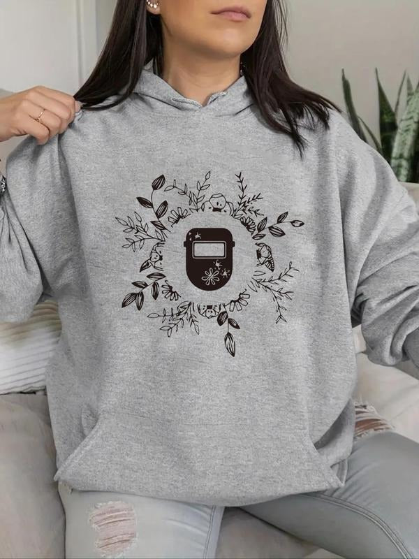 Women's Plant Graphic Drop Shoulder Drawstring Hoodie, Casual Long Sleeve Pocket Hooded Sweatshirt for Spring & Fall,...