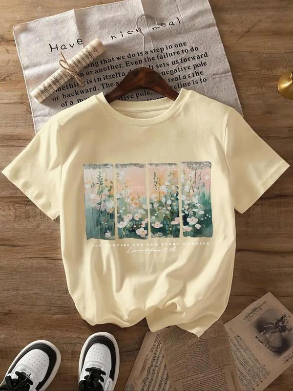 Women's Plants & Letter Print Round Neck Graphic Tee, Vintage Trendy Casual Short Sleeve T-shirt for Daily Wear, Ladies...