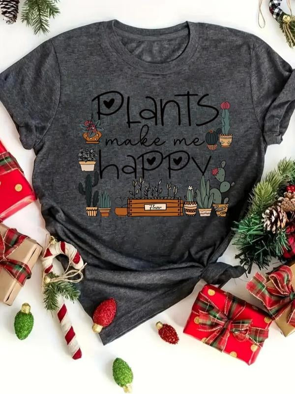 Women's Plants & Letter Print Round Neck Tee, Casual Short Sleeve Crew Neck T-shirt for All Seasons, Fashion Women's Top...
