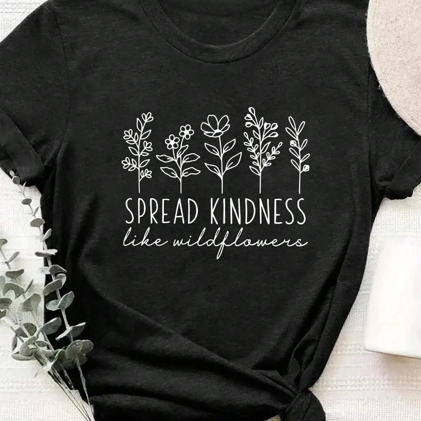 Women's Plants & Letter Print Round Neck Tee, Fashion Casual Short Sleeve T-shirt, Ladies Summer Clothes for Daily Wear...