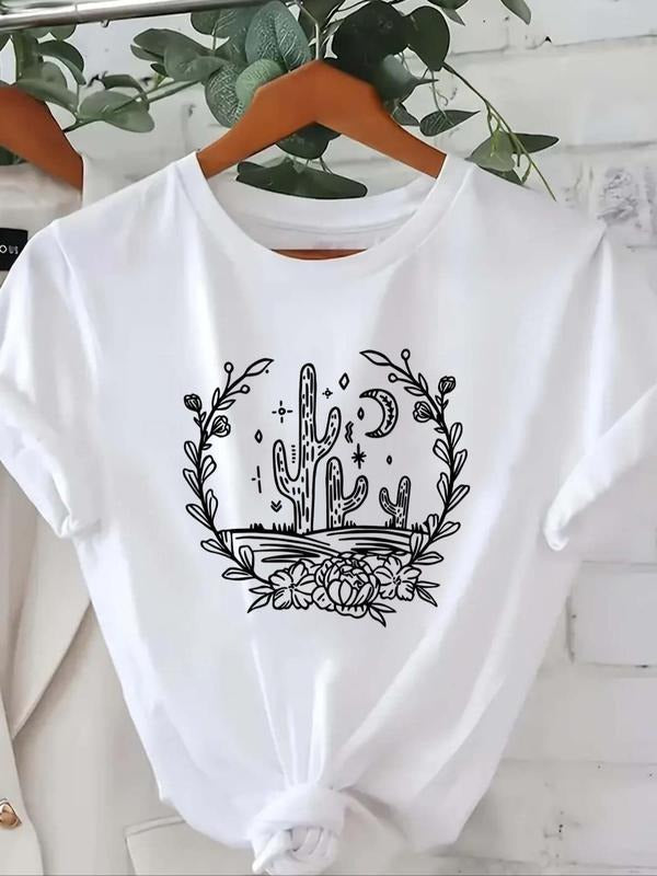 Women's Plants Print Round Neck Tee, Casual Crew Neck Short Sleeve T-shirt, Women's Top for Summer Daily Wear Hoodie,...