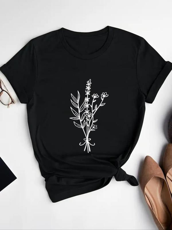 Women's Plants Print Round Neck Tee, Casual Short Sleeve Crew Neck T-shirt for Summer, Fashion Women's Top for Daily Wear...