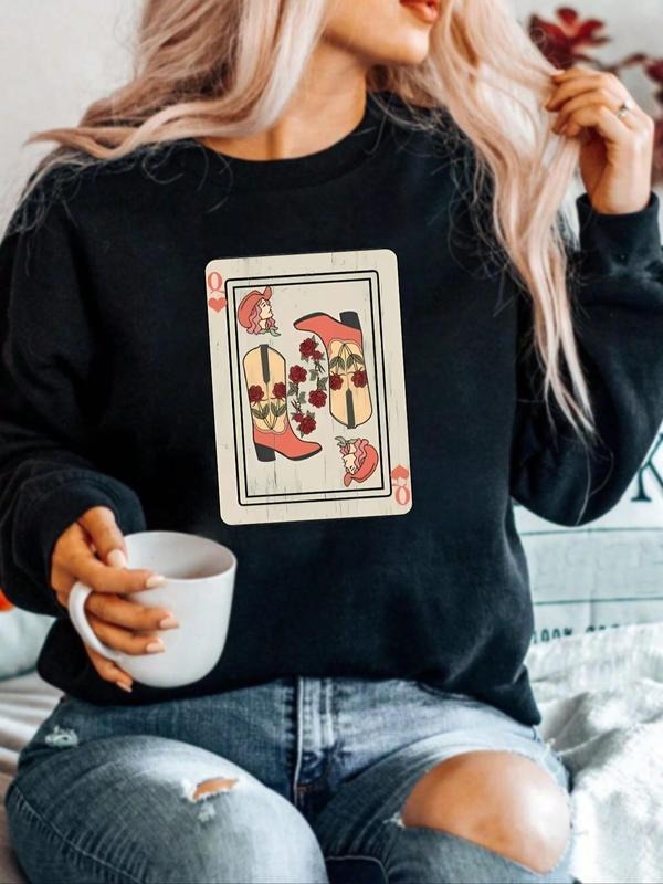 Women's Playing Card Print Round Neck Sweatshirt, Casual Long Sleeve Crew Neck Pullover for Fall & Winter, Women's...