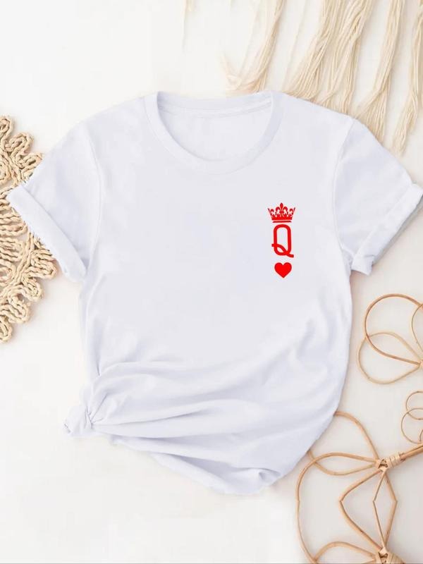 Women's Playing Card Print Round Neck Tee, Casual Short Sleeve Graphic T-shirt, Ladies Summer Outfit for Daily Wear...