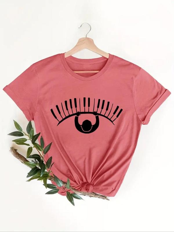 Women's Playing Piano Print Round Neck Graphic Tee, Vintage Trendy Casual Short Sleeve T-shirt for Daily Wear, Ladies...