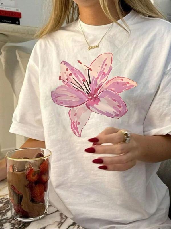 Women's Plum Blossom Print Round Neck Tee, Vintage Trendy Casual Short Sleeve T-shirt for Daily Wear, Ladies Summer, Top...