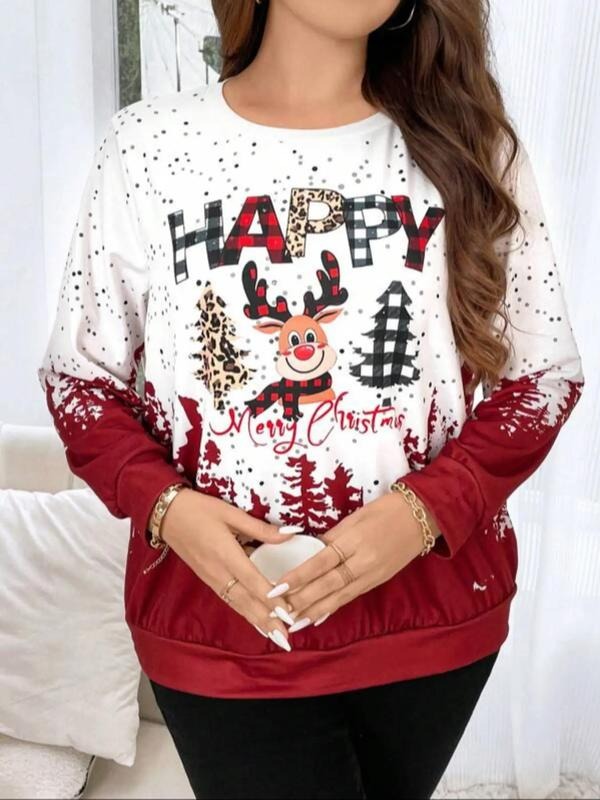 Women's Plus Cartoon Reindeer Print Round Neck Sweatshirt, Long Sleeve Crew Neck Pullover for Spring & Fall, for Daily...