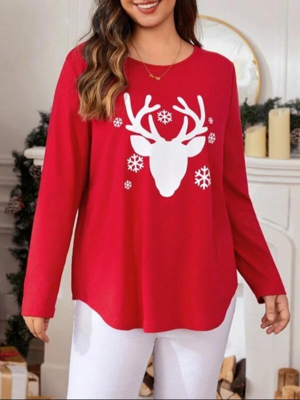 Women's Plus Size Cartoon Deer & Snowflake Print Round Neck Tee, Casual Long Sleeve Crew Neck T-shirt for Spring & Fall,...
