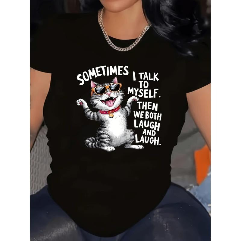 Women's Plus Size Casual Elegant Cartoon Cat with Fashion Glasses & Bell Graphic T-Shirt