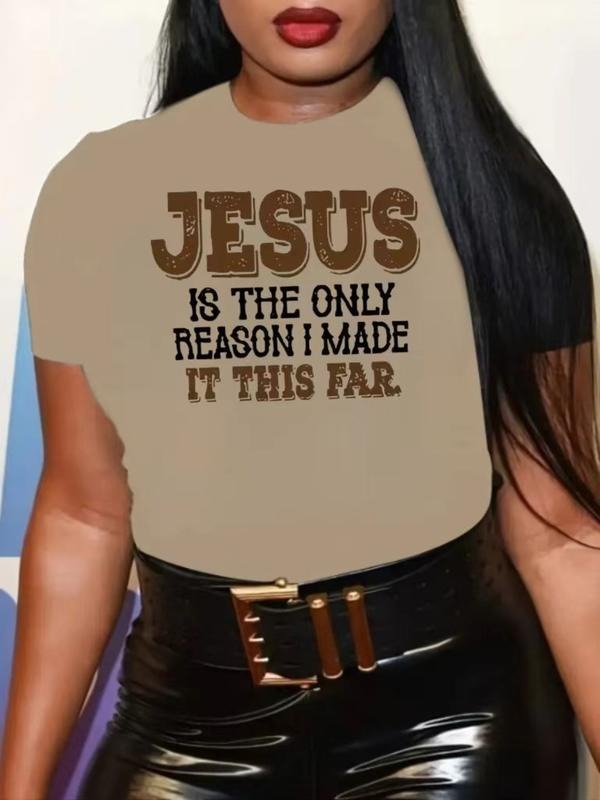 Women's Plus Size Short Sleeve Round Neck T-Shirt, Inspirational Letter Print, Casual Loose Fit, with Text Hoodie, Sweatshirt