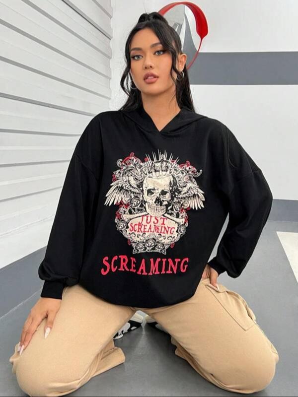 Women's Plus Size Skull Graphic Print Drop Shoulder Hoodie, Fashion Casual Hooded Sweatshirt for Daily Outdoor Wear,...