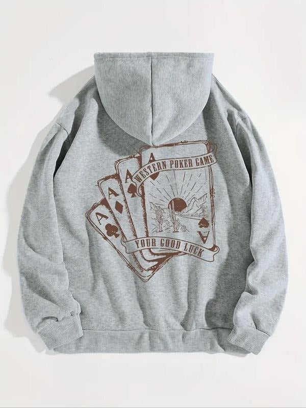 Women's Poker & Letter Print Drop Shoulder Hoodie, Fashion Casual Drawstring Pocket Hooded Sweatshirt for Daily Holiday...