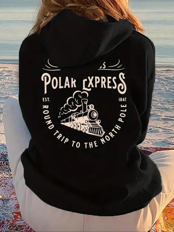 Women's Polar Express Print Drop Shoulder Hoodie, Fashion Casual Letter Print Drawstring Pocket Hooded Sweatshirt for...