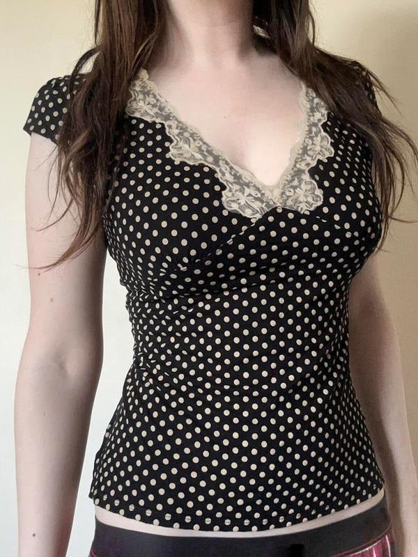 Women's Polka Dot Lace V Neck Short Sleeve T-Shirt, Summer Casual Top, Elegant Ladies Fashion Tee for Daily Wear Hoodie,...