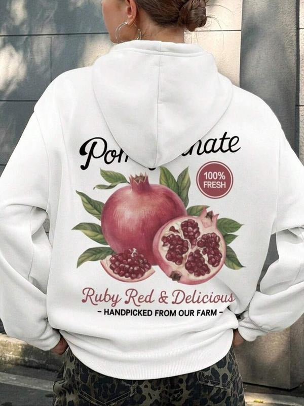 Women's Pomegranate Print Drop Shoulder Hoodie, Fashion Casual Drawstring Pocket Hooded Sweatshirt for Daily Holiday...