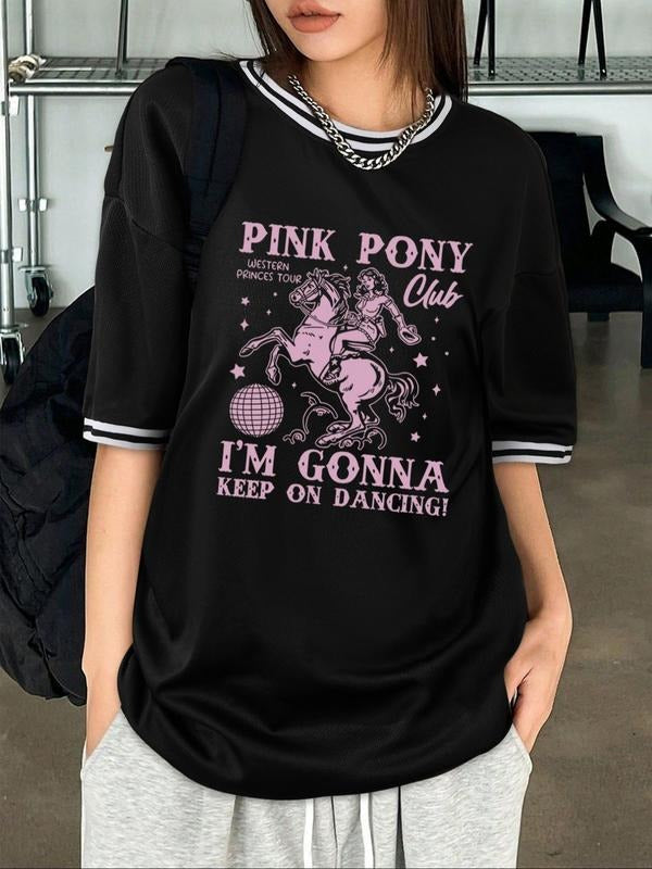 Women's Pop Art & Letter Print Round Neck Graphic Tee, Vintage Trendy Casual Short Sleeve T-shirt for Daily Wear, Ladies...