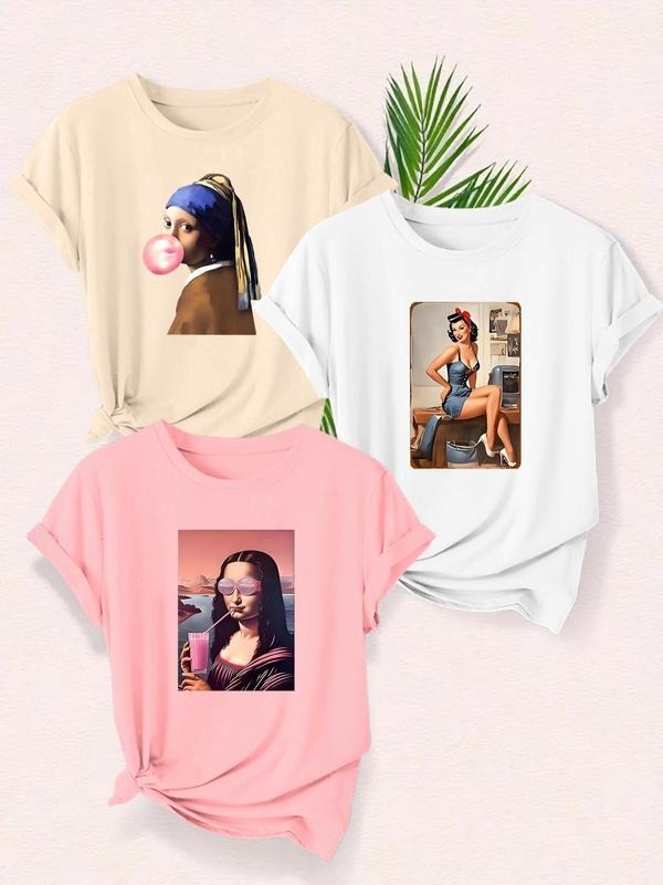 Women's Pop Art Print Round Neck Tee, Casual Short Sleeve T-shirt for Summer, Ladies Clothes for Daily Wear Hoodie,...
