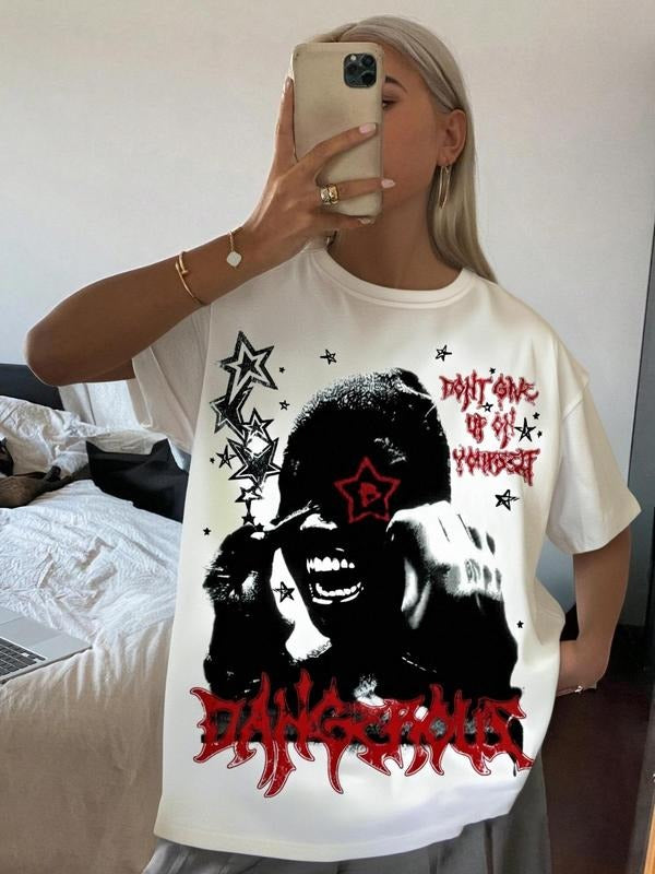 Women's Pop Art Print Round Neck Tee, Vintage Trendy Casual Letter Graphic Short Sleeve T-shirt for Daily Wear, Ladies...