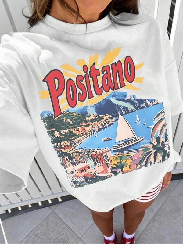 Women's Positano Italy Print Crew Neck Sweatshirt, Casual Long Sleeve Pullover for Daily Wear, Ladies Clothes for All...