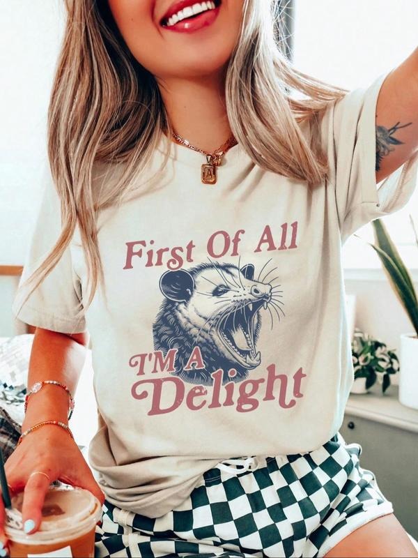 Women's Possum & Letter Print Round Neck Tee, Vintage Trendy Casual Short Sleeve T-shirt for Daily Wear, Ladies Summer,...