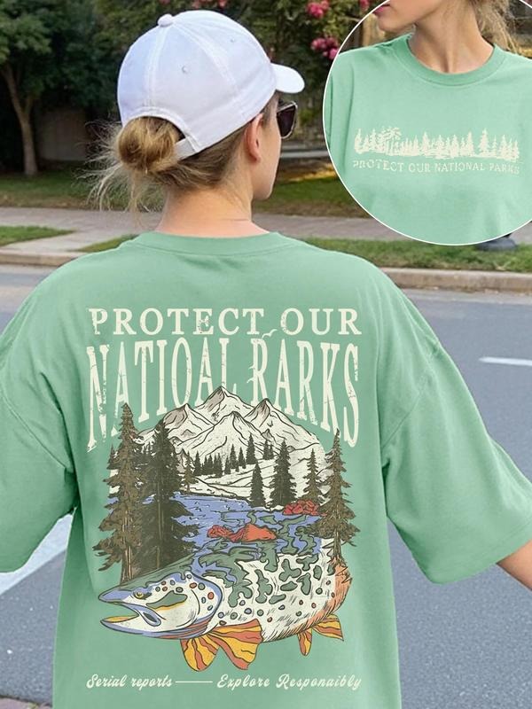 Women's Protect Our National Parks Round Neck Graphic Tee, Casual Mountain & Tree & Fish Printed T-shirt for Summer,...