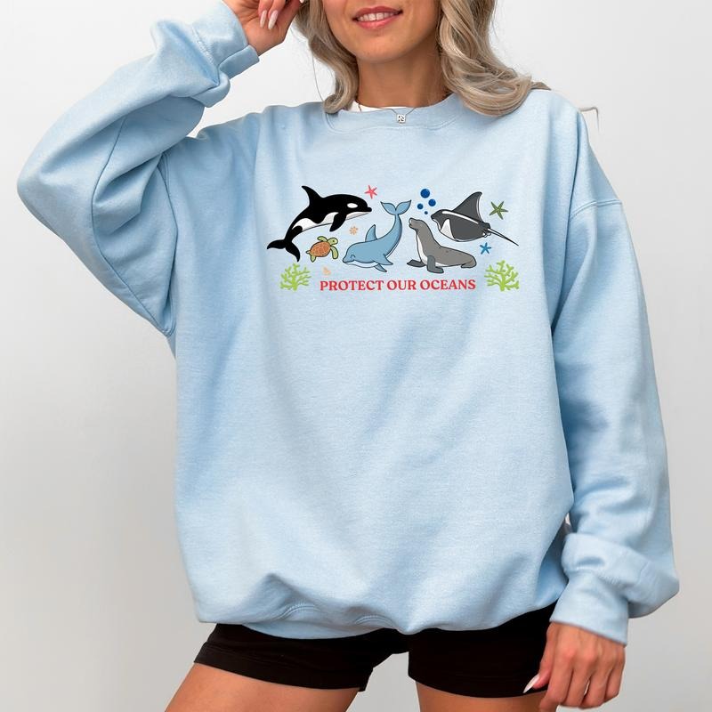 Women's Protect Our Oceans Sweatshirt, Respect The Local Wildlife Pullover, Sea Animals Crewneck, Ocean Conservation...