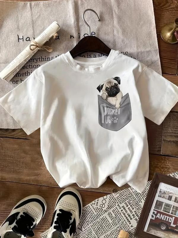 Women's Pug Dog & Letter Print Round Neck Tee, Casual Short Sleeve T-shirt for Summer, Fashion Women's Top for Daily Wear...