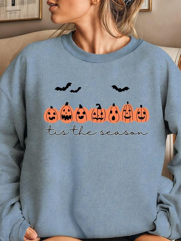 Women's Pumpkin & Bat Print Sweatshirt, Casual Drop Shoulder Long Sleeve Pullover, Women's Top for Daily Wear, Halloween...