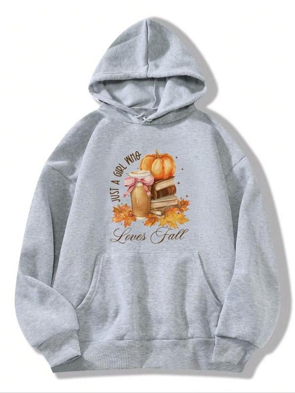 Women's Pumpkin & Book & Letter Print Drop Shoulder Hoodie, Fashion Casual Drawstring Pocket Hooded Sweatshirt for Daily...
