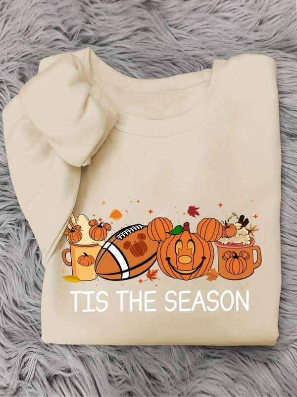 Women's Pumpkin & Letter Print Crew Neck Pullover, Casual Long Sleeve Sweatshirt for Daily Wear, Ladies Fall & Winter...