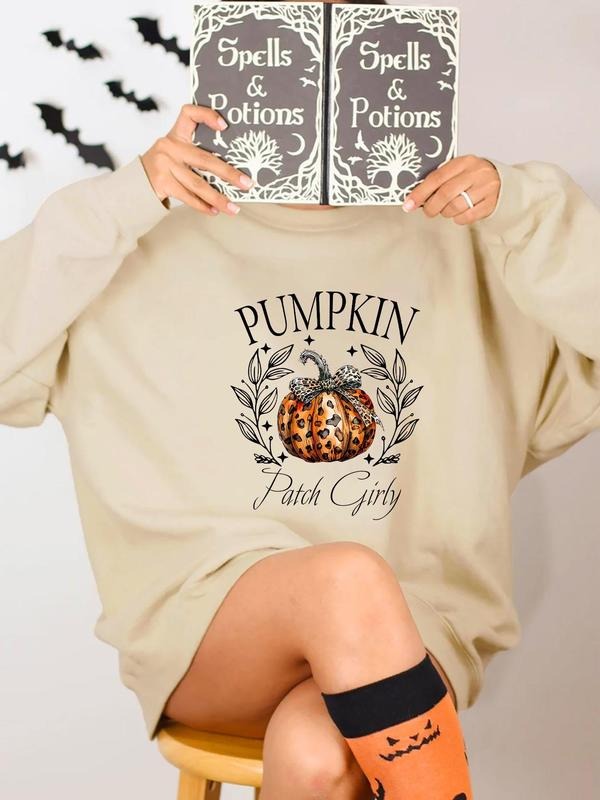 Women's Pumpkin & Letter Print Crew Neck Sweatshirt, Casual Drop Shoulder Long Sleeve Pullover, Women's Fall & Winter...