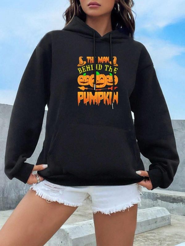 Women's Pumpkin & Letter Print Drop Shoulder Drawstring Hoodie, Fashion Casual Pocket Hooded Sweatshirt for Daily Holiday...