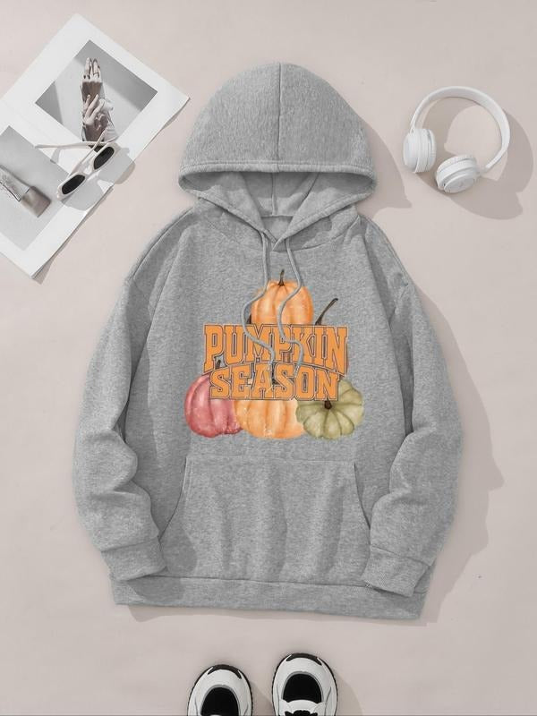 Women's Pumpkin & Letter Print Drop Shoulder Hoodie, Fashion Casual Drawstring Pocket Hooded Sweatshirt for Daily Holiday...