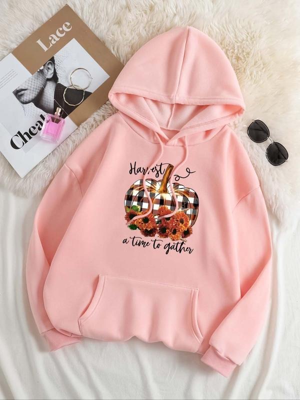 Women's Pumpkin & Letter Print Drop Shoulder Hoodie, Fashion Casual Drawstring Pocket Hooded Sweatshirt for Daily Holiday...