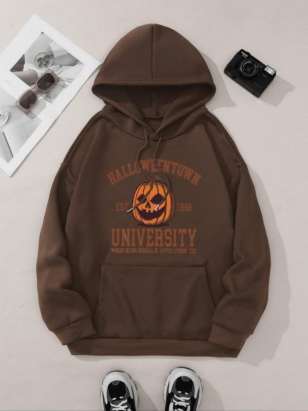 Women's Pumpkin & Letter Print Drop Shoulder Hoodie, Fashion Casual Drawstring Pocket Hooded Sweatshirt for Daily Holiday...