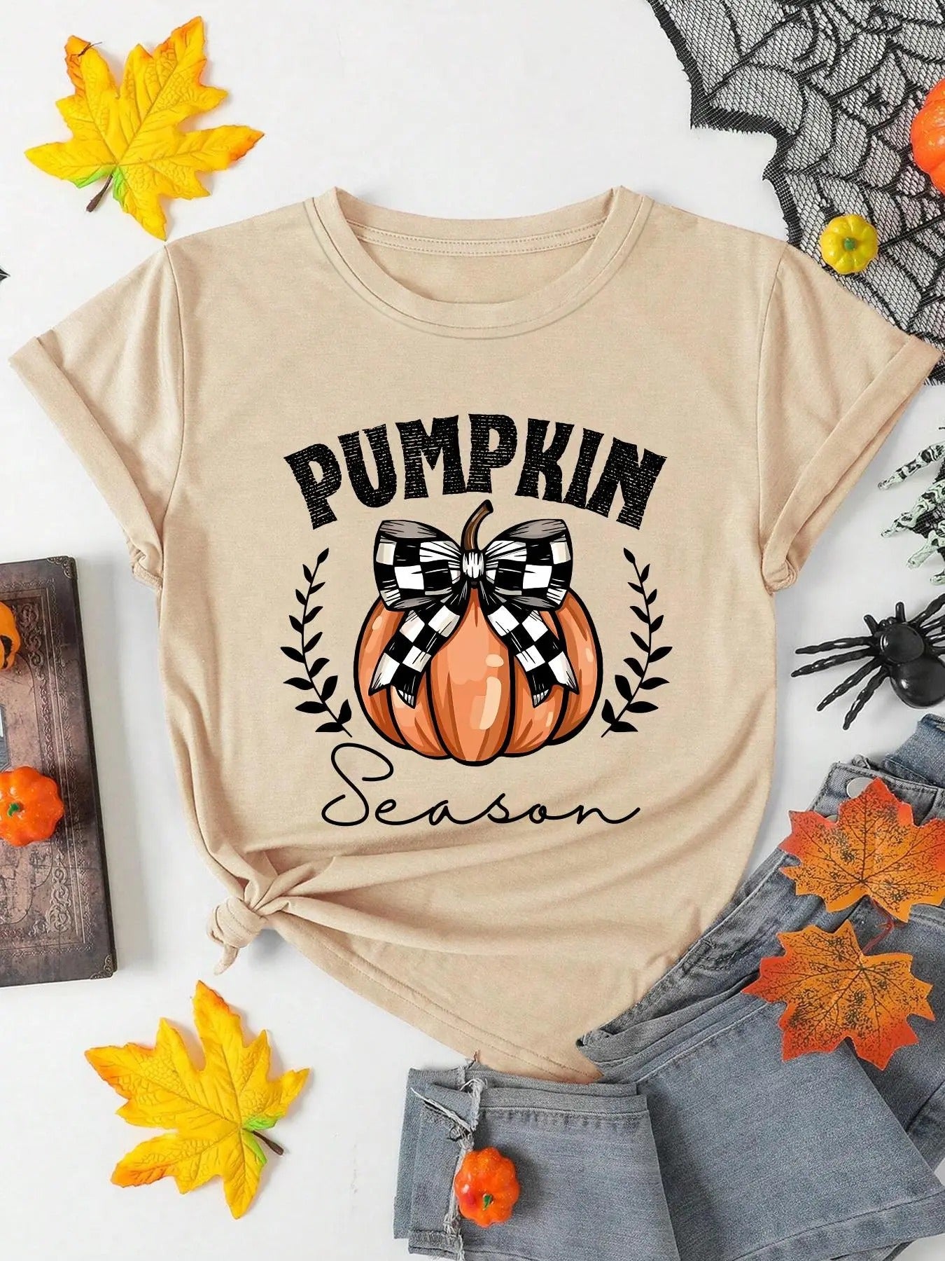 Women's Pumpkin & Letter Print Round Neck Tee, Fashion Casual Crew Neck T-shirt for Daily Holiday Vacation Outdoor Wear,...