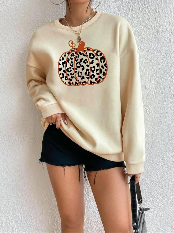Women's Pumpkin Print Crew Neck Pullover Sweatshirt, Casual Fashion Long Sleeve Sweatshirt for Daily Wear, Ladies Fall &...